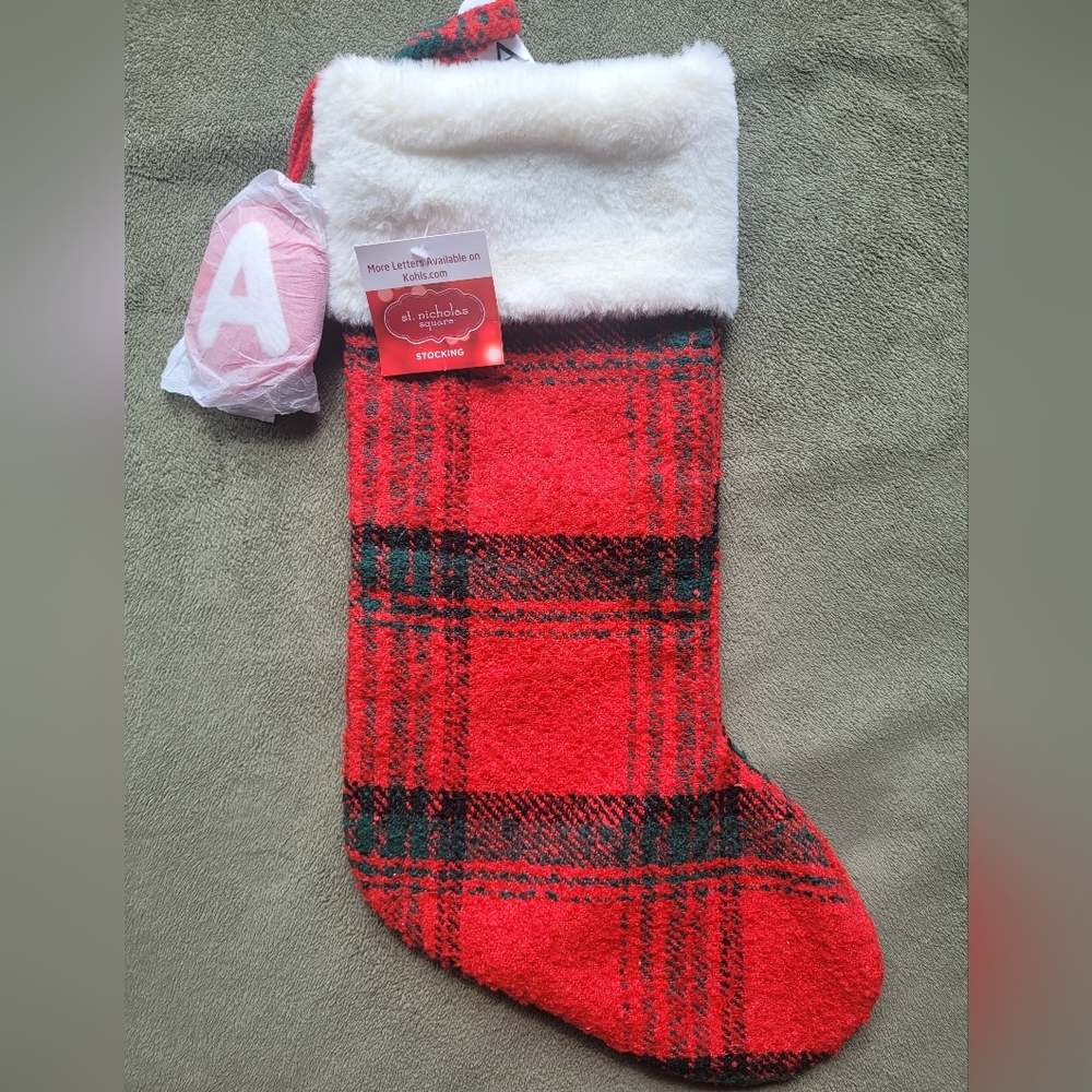 🎄 NWT St. Nicholas Square Red Plaid Faux Fur Christmas Stocking Monogram "A"